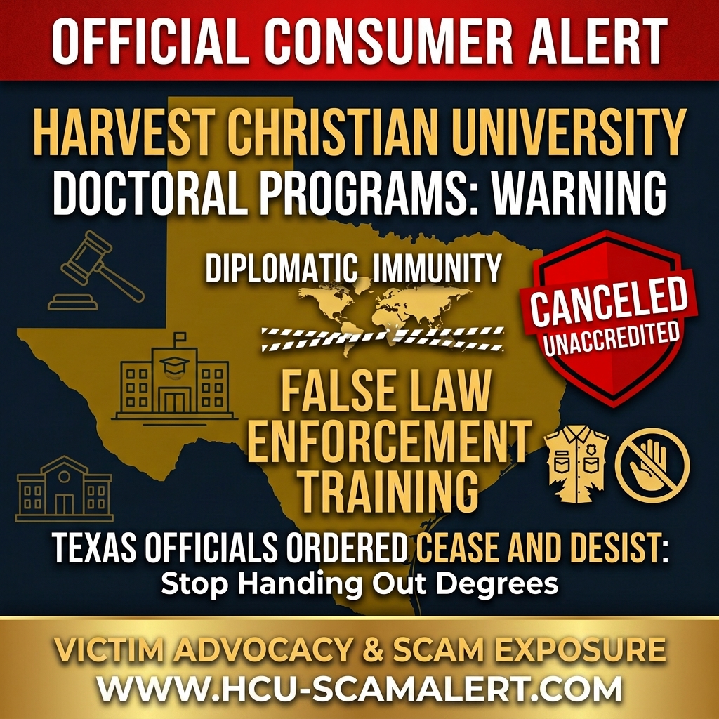 Informational consumer alert graphic about reported Harvest Christian University doctoral program, diplomatic immunity, and law-enforcement training claims